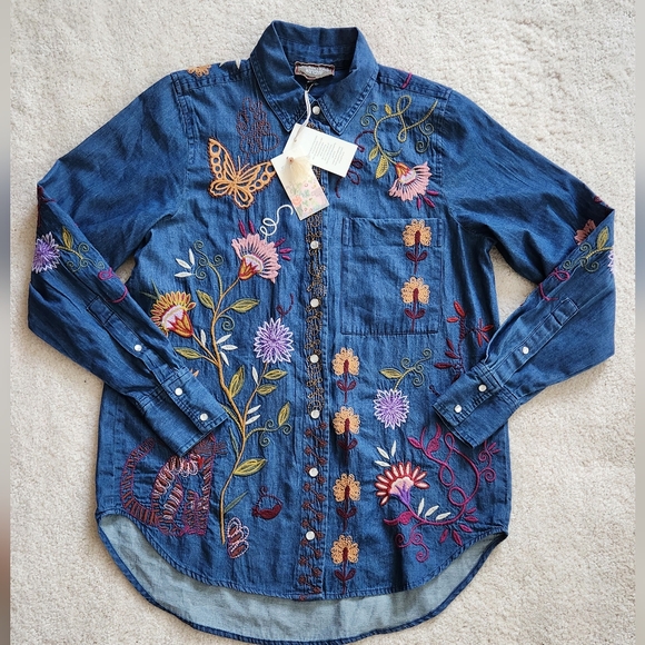 Johnny Was Tops - Johnny Was Toni Relaxed Fit Denim Shirt Heavy Embroidery Pear Snap Western XXS